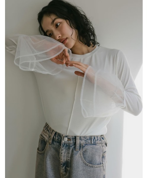 Re:EDIT（リエディ）の「フレア袖チュールプルオーバー（Tシャツ/カットソー・レディース・ブラック/オフホワイト・LARGE/MEDIUM）」の3枚目の写真