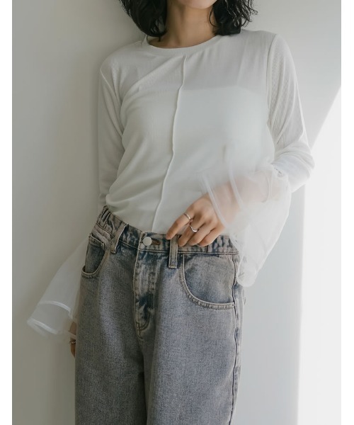 Re:EDIT（リエディ）の「フレア袖チュールプルオーバー（Tシャツ/カットソー・レディース・ブラック/オフホワイト・LARGE/MEDIUM）」の5枚目の写真