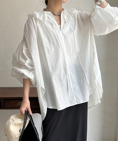 DouDou(ドゥドゥ)の「コットンシアーフリルブラウス(シャツ/ブラウス・レディース・モカ/ホワイト/ブラック・FREE)」の10枚目の写真