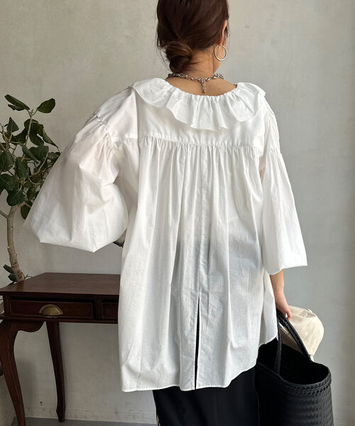 DouDou(ドゥドゥ)の「コットンシアーフリルブラウス(シャツ/ブラウス・レディース・モカ/ホワイト/ブラック・FREE)」の12枚目の写真