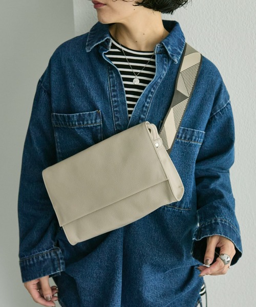 本革/470g》ワイドテープショルダーバッグ/ボディバッグ