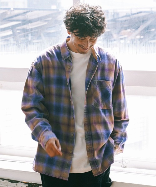 BAYFLOW（ベイフロー）の「インディゴソフトチェックシャツ（シャツ/ブラウス・メンズ・オレンジ/ブラック/ブルー・MEDIUM/LARGE）」の3枚目の写真