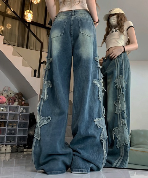 『.KOM/ドットケーオーエム』スターフリンジラインデニムパンツ【Y】【CN】（デニムパンツ）｜.KOM（ドットコム）