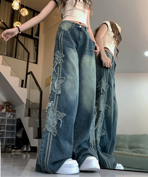 『.KOM/ドットケーオーエム』スターフリンジラインデニムパンツ【Y】【CN】（デニムパンツ）｜.KOM（ドットコム）