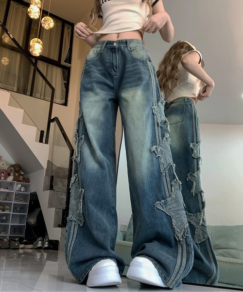 『.KOM/ドットケーオーエム』スターフリンジラインデニムパンツ【Y】【CN】（デニムパンツ）｜.KOM（ドットコム）