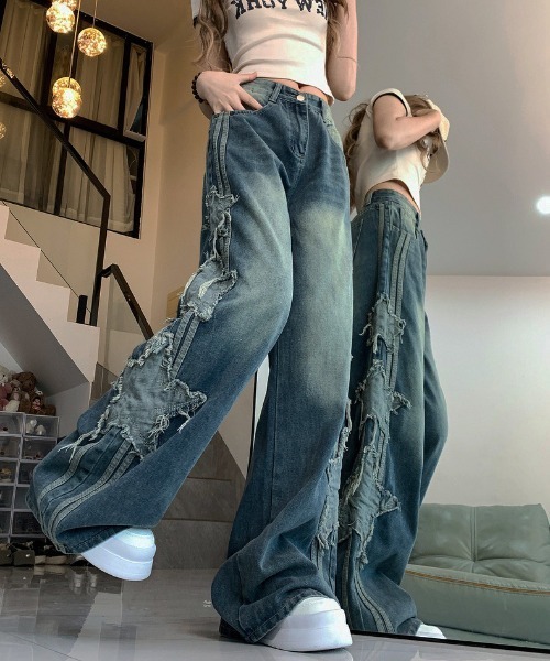 『.KOM/ドットケーオーエム』スターフリンジラインデニムパンツ【Y】【CN】（デニムパンツ）｜.KOM（ドットコム）