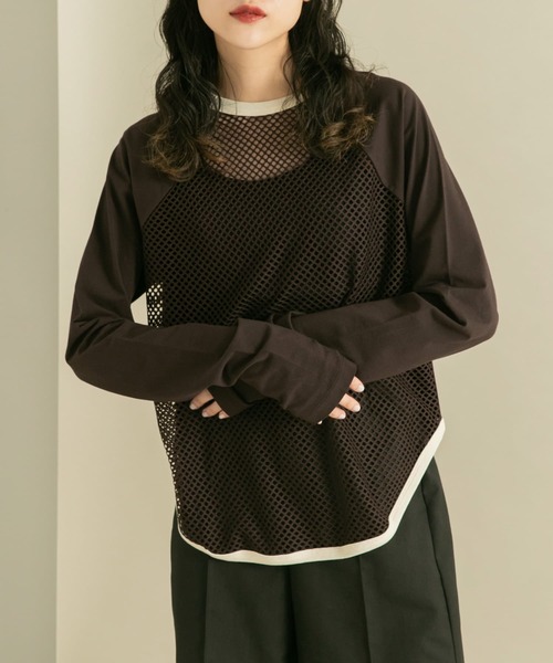 KBF（ケイビーエフ）の「2WAYメッシュロングTEE（Tシャツ/カットソー・レディース・アイボリー/ダークブラウン・ONE）」の3枚目の写真