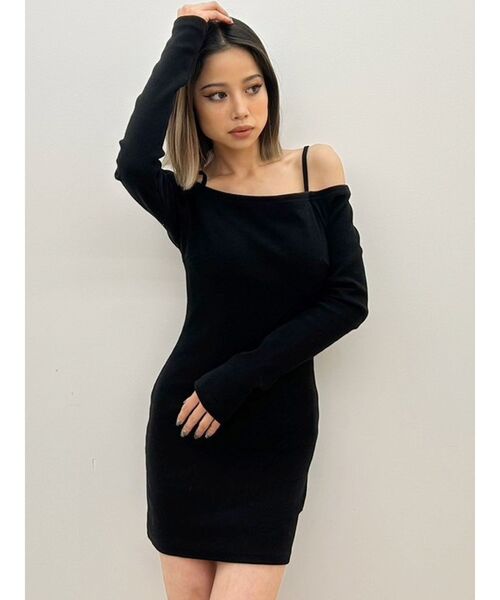 即日発送！GYDA BACK TWISTオフショルテレコタイトワンピース　BK セール】BACK TWISTオフショルテレコタイトワンピース