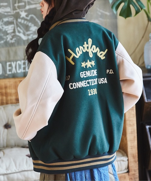 CUBE SUGAR（キューブシュガー）の「ウールフィールロゴ刺繍スタジャン（スタジャン・レディース・ナチュラル/グリーン/マルチ/サックスブルー/ブラック・M）」の4枚目の写真