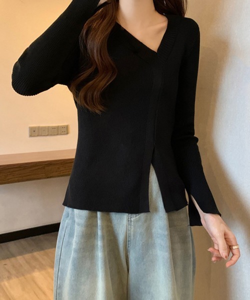 Miniministore(ミニミニストア)の「リブニットトップス フロントスリット(ニット/セーター・レディース・グレー/ブラック/ベージュ/ホワイト・FREE)」の1枚目の写真