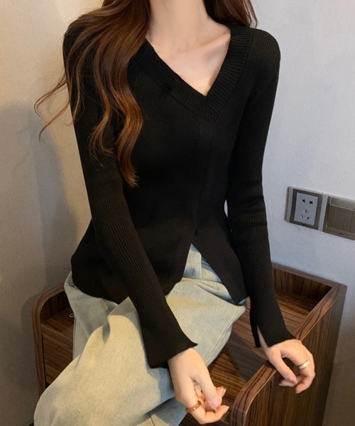 Miniministore(ミニミニストア)の「リブニットトップス フロントスリット(ニット/セーター・レディース・グレー/ブラック/ベージュ/ホワイト・FREE)」の8枚目の写真