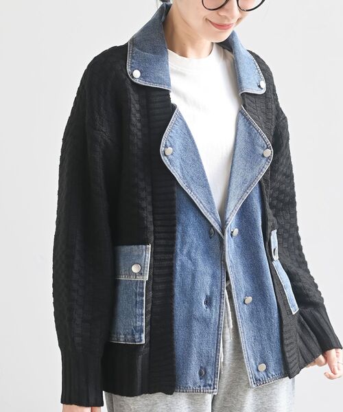 rps（アールピーエス）の「デニム切替ライダースニットジャケット（ライダースジャケット・レディース・アイボリー/ブラック/チャコールグレー・フリー）」の3枚目の写真