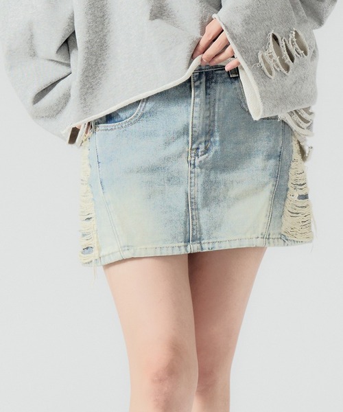 セール】Side Damage Denim Mini Skirt / サイドダメージ デニム