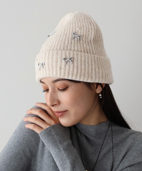 BLUEEAST(ブルーイースト)の「パールリボンニット帽(ニットキャップ/ビーニー・レディース・グレー/アイボリー/ブラック・FREE)」の4枚目の写真
