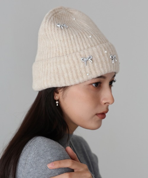 BLUEEAST(ブルーイースト)の「パールリボンニット帽(ニットキャップ/ビーニー・レディース・グレー/アイボリー/ブラック・FREE)」の6枚目の写真