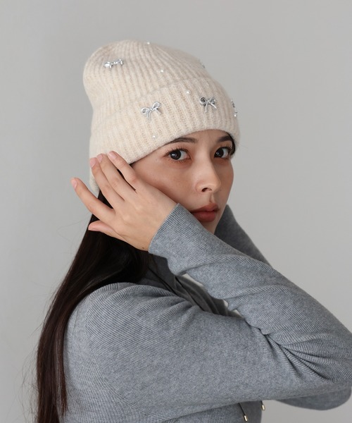 BLUEEAST(ブルーイースト)の「パールリボンニット帽(ニットキャップ/ビーニー・レディース・グレー/アイボリー/ブラック・FREE)」の5枚目の写真