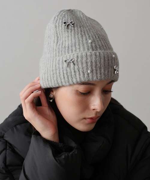 BLUEEAST(ブルーイースト)の「パールリボンニット帽(ニットキャップ/ビーニー・レディース・グレー/アイボリー/ブラック・FREE)」の9枚目の写真