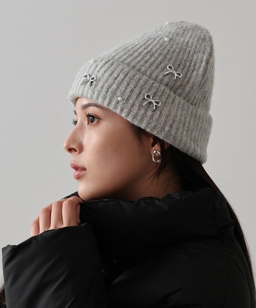 BLUEEAST(ブルーイースト)の「パールリボンニット帽(ニットキャップ/ビーニー・レディース・グレー/アイボリー/ブラック・FREE)」の10枚目の写真