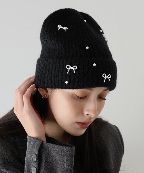 BLUEEAST(ブルーイースト)の「パールリボンニット帽(ニットキャップ/ビーニー・レディース・グレー/アイボリー/ブラック・FREE)」の13枚目の写真