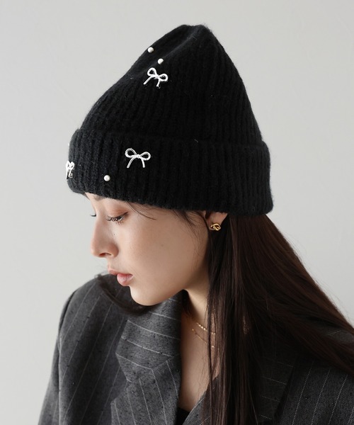BLUEEAST(ブルーイースト)の「パールリボンニット帽(ニットキャップ/ビーニー・レディース・グレー/アイボリー/ブラック・FREE)」の14枚目の写真