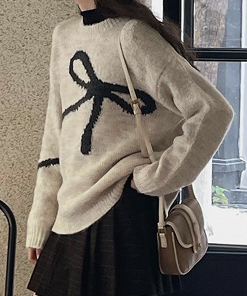 Lace Ladies(レースレディース)の「ラウンドネック 配色 リボン ニット プルオーバー(ニット/セーター・レディース・グレー/ブラック/アイボリー・FREE)」の1枚目の写真