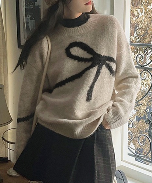Lace Ladies(レースレディース)の「ラウンドネック 配色 リボン ニット プルオーバー(ニット/セーター・レディース・グレー/ブラック/アイボリー・FREE)」の9枚目の写真