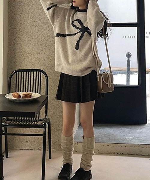 Lace Ladies(レースレディース)の「ラウンドネック 配色 リボン ニット プルオーバー(ニット/セーター・レディース・グレー/ブラック/アイボリー・FREE)」の12枚目の写真