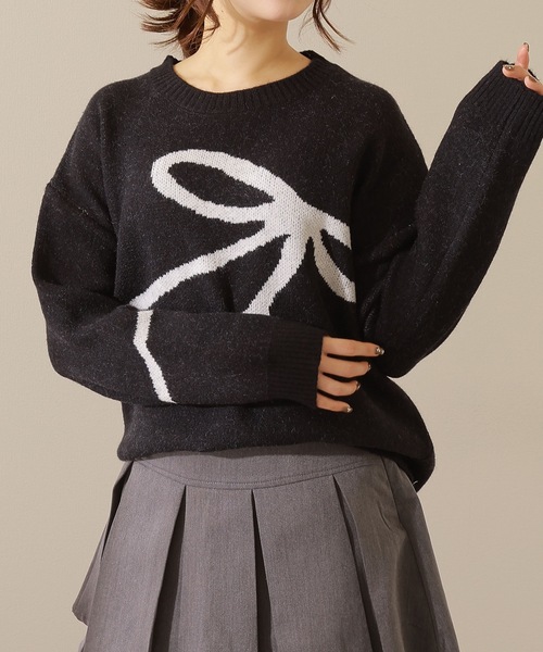 Lace Ladies(レースレディース)の「ラウンドネック 配色 リボン ニット プルオーバー(ニット/セーター・レディース・グレー/ブラック/アイボリー・FREE)」の21枚目の写真