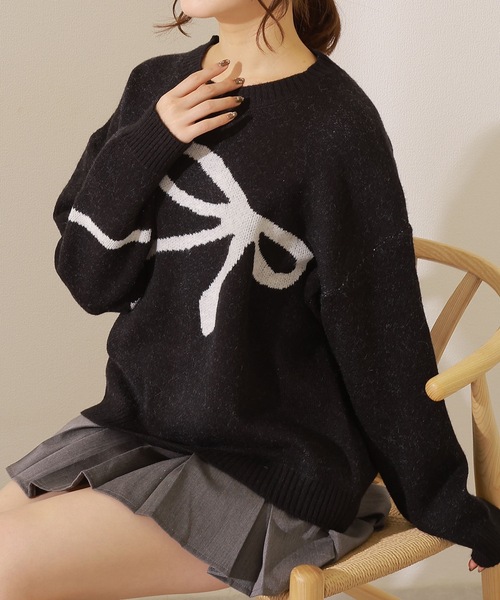 Lace Ladies(レースレディース)の「ラウンドネック 配色 リボン ニット プルオーバー(ニット/セーター・レディース・グレー/ブラック/アイボリー・FREE)」の22枚目の写真
