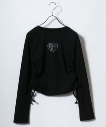 ハートロゴラインストーン リブニット長袖Tシャツ/ロンT/プルオーバートップス