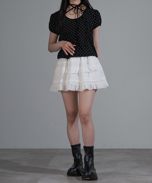 美品✨jolie mignon チュールレース ティアードスカート黒×アイボリー セール】コットンレースミニティアードスカート【ZOZOTOWN限定