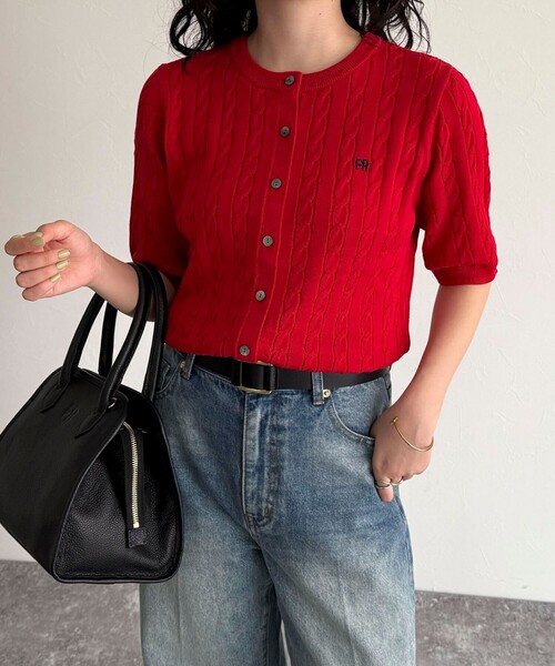 fredy emue（フレディエミュ）の「FR刺繍ケーブル柄半袖カーディガン（カーディガン/ボレロ・レディース・ネイビー/イエロー/ブルー/オフホワイト/ベージュ/ブラウン/レッド・38）」の7枚目の写真