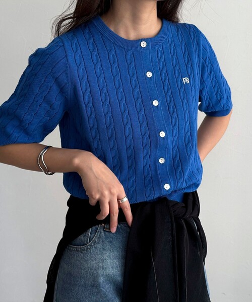 FR刺繍ケーブル柄半袖カーディガン（カーディガン/ボレロ
