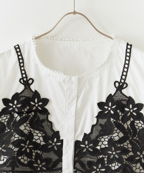 ROOPTOKYO（ループトウキョウ）の「Front Lace Collarless Shirt / フロントレース ノーカラーシャツ 夏物 夏服（シャツ/ブラウス・レディース・ベージュ/ホワイト/ブラック・FREE）」の4枚目の写真