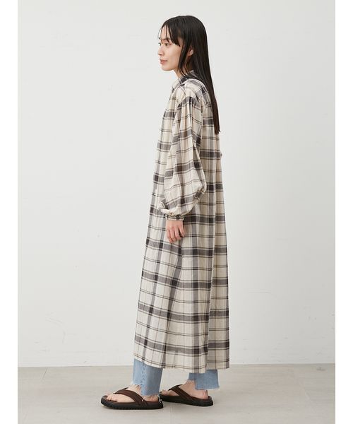 セール】チェック柄袖ボリュームロングシャツワンピース