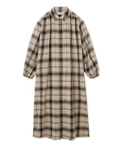セール】チェック柄袖ボリュームロングシャツワンピース
