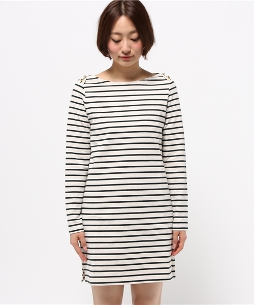 OUTLET（アウトレット）の「【who's who Chico】金ボタンボートネックOP（ワンピース・レディース・ホワイト×グリーン/ブラック×ホワイト・FREE）」の3枚目の写真