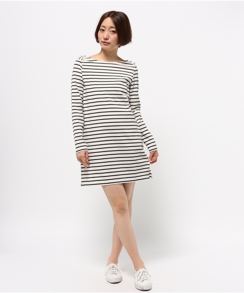 OUTLET（アウトレット）の「【who's who Chico】金ボタンボートネックOP（ワンピース・レディース・ホワイト×グリーン/ブラック×ホワイト・FREE）」の6枚目の写真