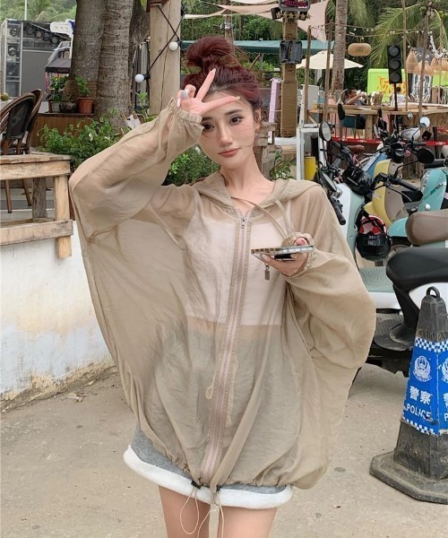 フード付きパーカー♡シアーパーカー♡レディース ゆったり 体型カバー 日焼け対策 レディース水着 長袖シアー ジップ ドロスト フード付き ラッシュ