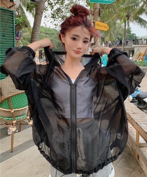 レディース水着 長袖シアー ジップ ドロスト フード付き ラッシュ