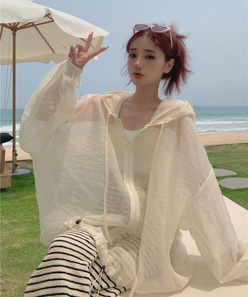 レディース水着 長袖シアー ジップ ドロスト フード付き ラッシュ