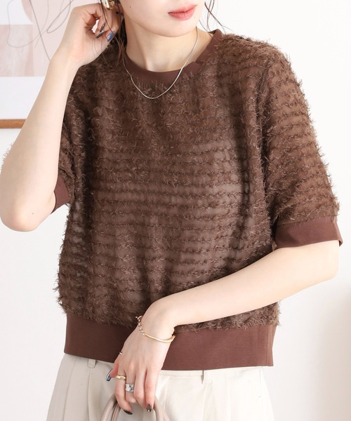 A.N.L(エーエヌエル レーベル)の「A.N.L シアーフリンジ半袖プルオーバー(Tシャツ/カットソー・レディース・ブラウン/オフホワイト/ブラック・38)」の2枚目の写真