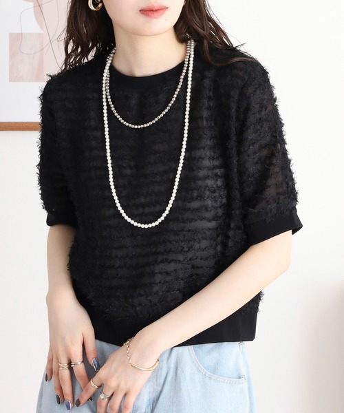 A.N.L(エーエヌエル レーベル)の「A.N.L シアーフリンジ半袖プルオーバー(Tシャツ/カットソー・レディース・ブラウン/オフホワイト/ブラック・38)」の1枚目の写真