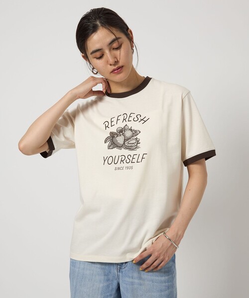 tシャツ 「OSORA CAFE」リンガー Tシャツ レディース メンズ OSORA CAFE＞リンガー Tシャツ（Tシャツ/カットソー）｜green