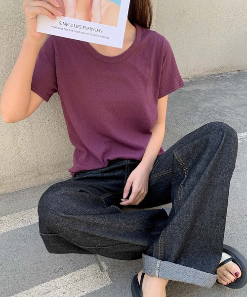 LOWO(ロワ)の「綿混シンプル無地Tシャツ カットソー(Tシャツ/カットソー・レディース・ボルドー/モカ/カーキ/ネイビー/グレー/ホワイト/ブラック/ベージュ/パープル・L/M)」の8枚目の写真