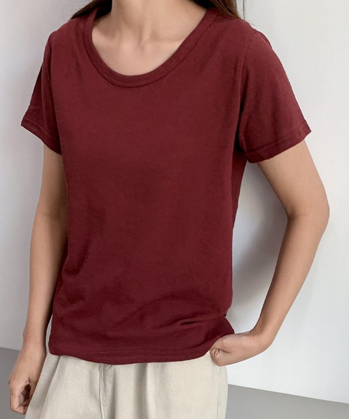 LOWO(ロワ)の「綿混シンプル無地Tシャツ カットソー(Tシャツ/カットソー・レディース・ボルドー/モカ/カーキ/ネイビー/グレー/ホワイト/ブラック/ベージュ/パープル・L/M)」の9枚目の写真