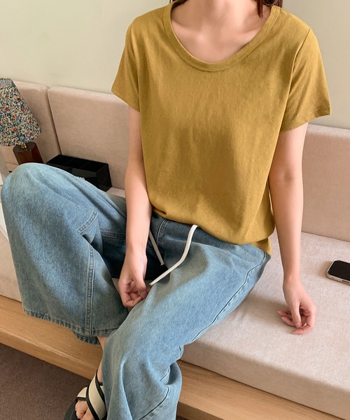 LOWO(ロワ)の「綿混シンプル無地Tシャツ カットソー(Tシャツ/カットソー・レディース・ボルドー/モカ/カーキ/ネイビー/グレー/ホワイト/ブラック/ベージュ/パープル・L/M)」の14枚目の写真