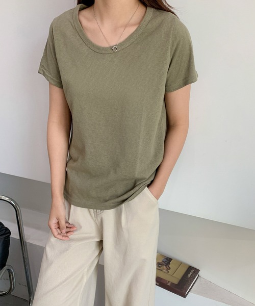 LOWO(ロワ)の「綿混シンプル無地Tシャツ カットソー(Tシャツ/カットソー・レディース・ボルドー/モカ/カーキ/ネイビー/グレー/ホワイト/ブラック/ベージュ/パープル・L/M)」の17枚目の写真
