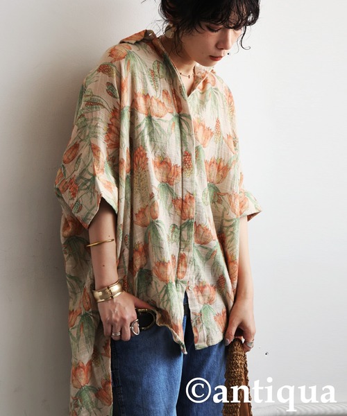 ingénue アンジェーヌ 総柄 レトロ シャツ ブラウス 半袖 総柄シャツ（シャツ/ブラウス）｜antiqua（アンティカ）の