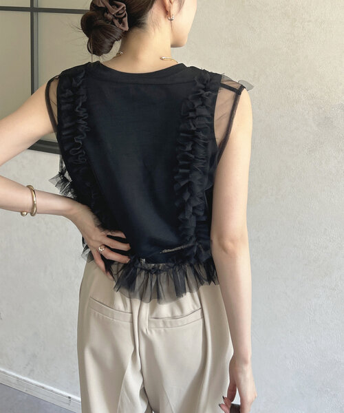 Thevon（ゼボン）の「チュールフリルベスト×ノースリセットプルオーバー（Tシャツ/カットソー・レディース・グレイッシュベージュ/ブラック/オフホワイト・FREE）」の14枚目の写真